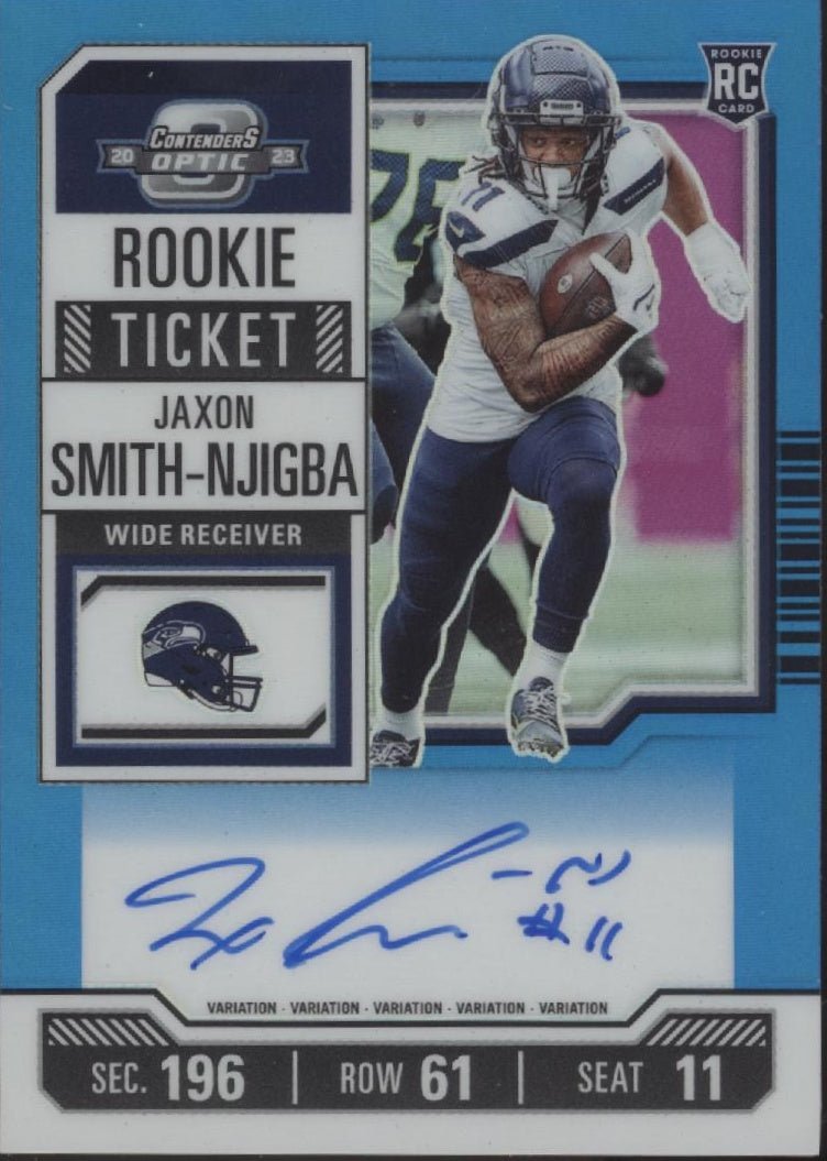 Jaxon Smith - Njigba 2023 Panini Contenders Optic Blue Prizm RC Auto 07/75 #117 - Collector Store LLC