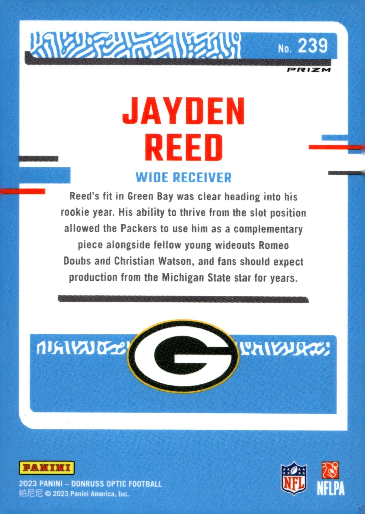 Jayden Reed 2023 Panini Donruss Optic Rated Rookie Prizm RC #239 - Collector Store LLC