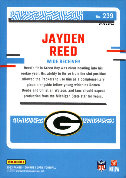 Jayden Reed 2023 Panini Donruss Optic Rated Rookie Prizm RC #239 - Collector Store LLC