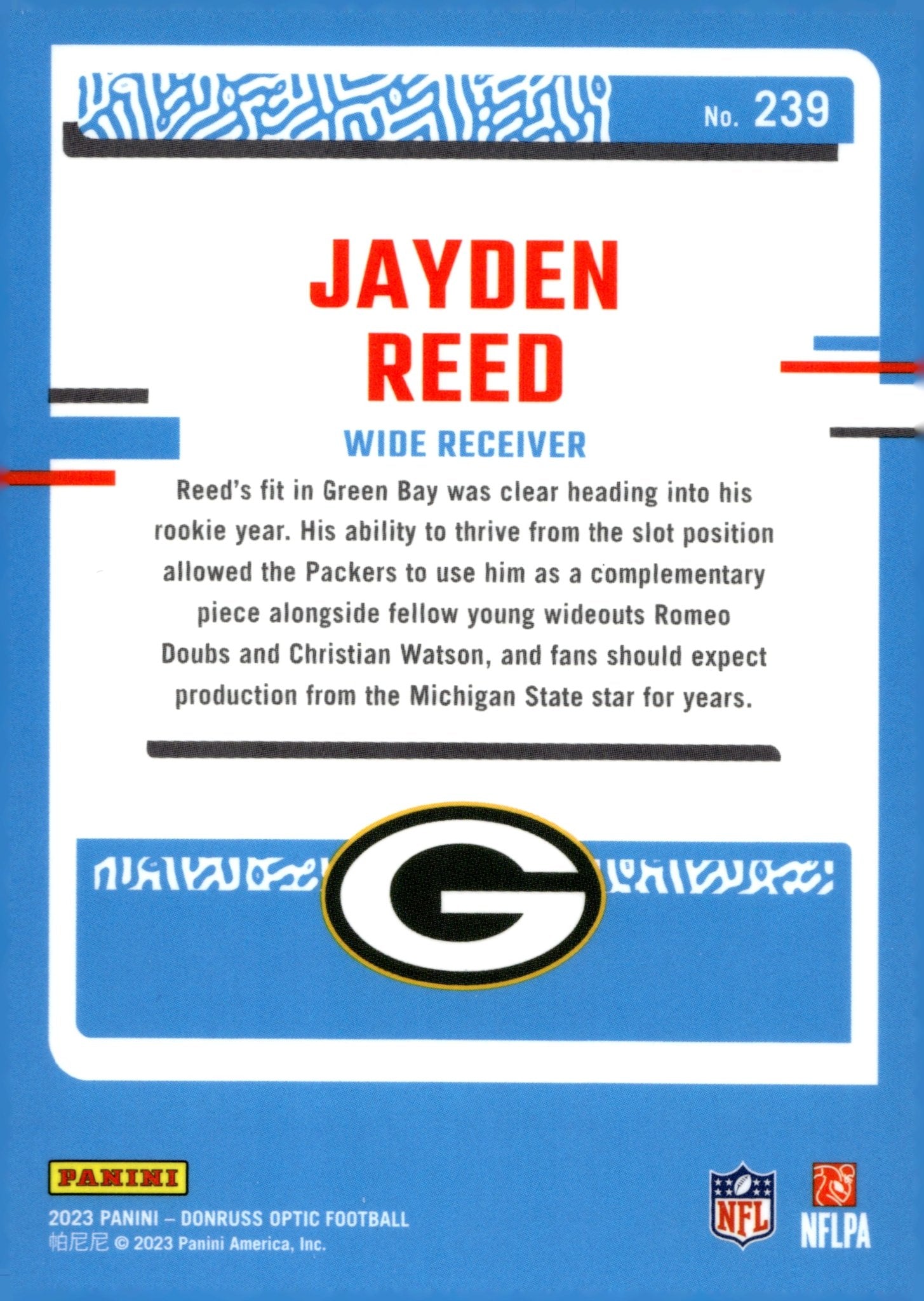 Jayden Reed 2023 Panini Donruss Optic Rated Rookie RC #239 - Collector Store LLC