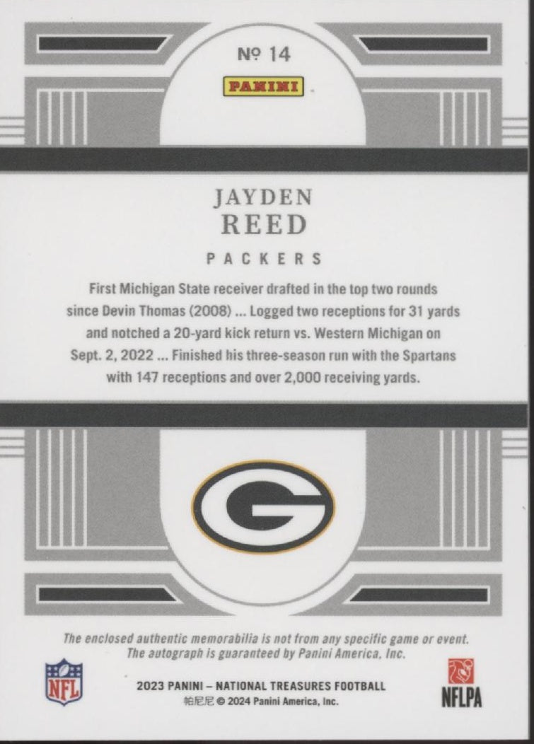 Jayden Reed 2023 Panini National Treasures Green Swatch RC Auto #14 - Collector Store LLC