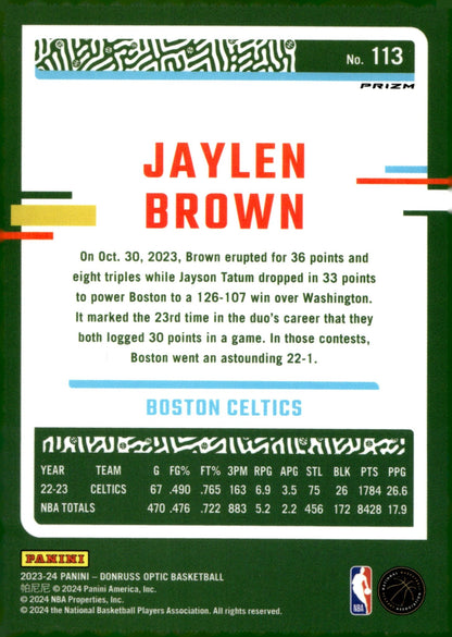 Jaylen Brown 2023 - 24 Panini Donruss Optic Pink Prism Prizm #113 #2 - Collector Store LLC