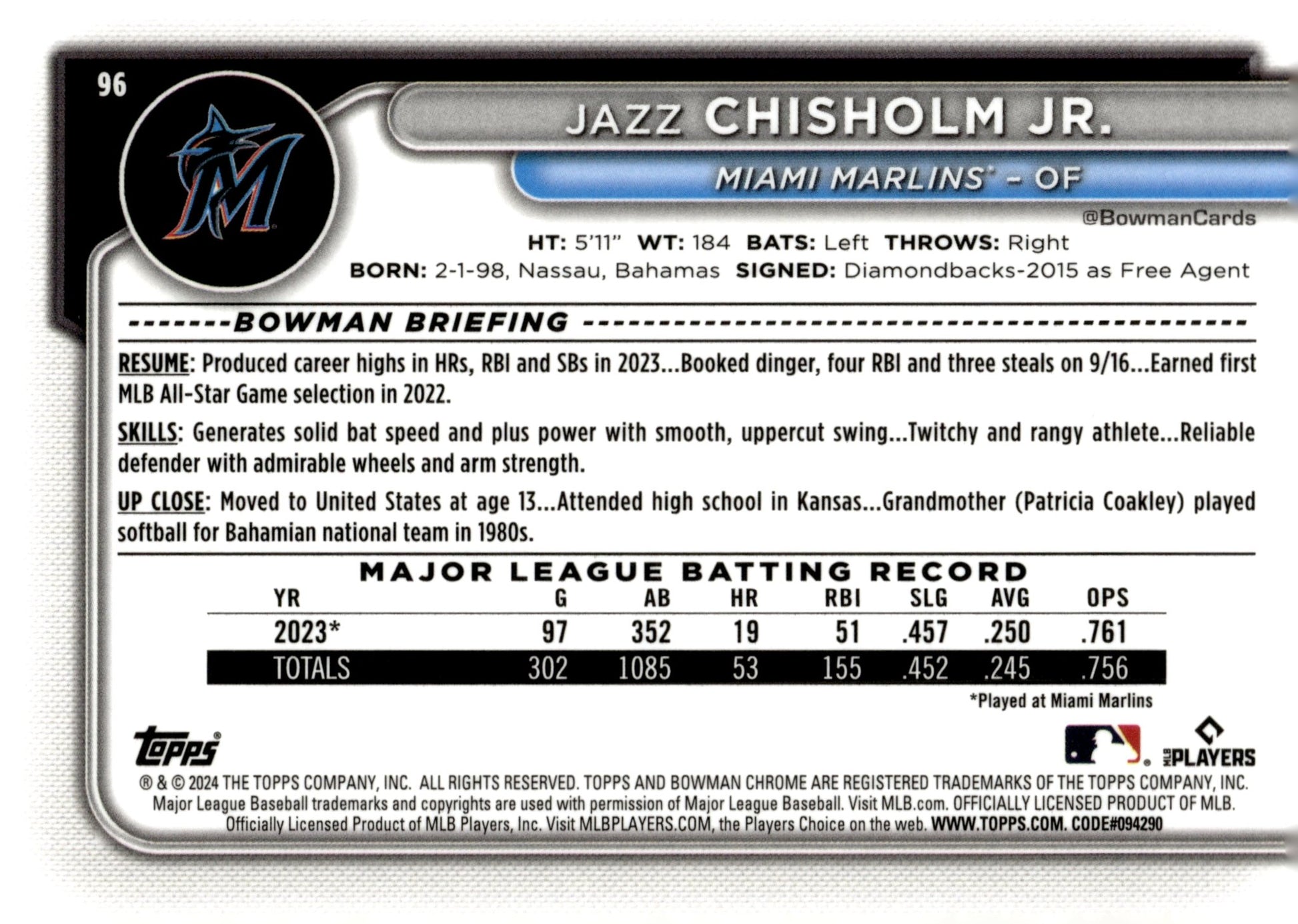 Jazz Chisholm Jr. 2024 Bowman Chrome Mojo Refractor 96 2 - Collector Store LLC