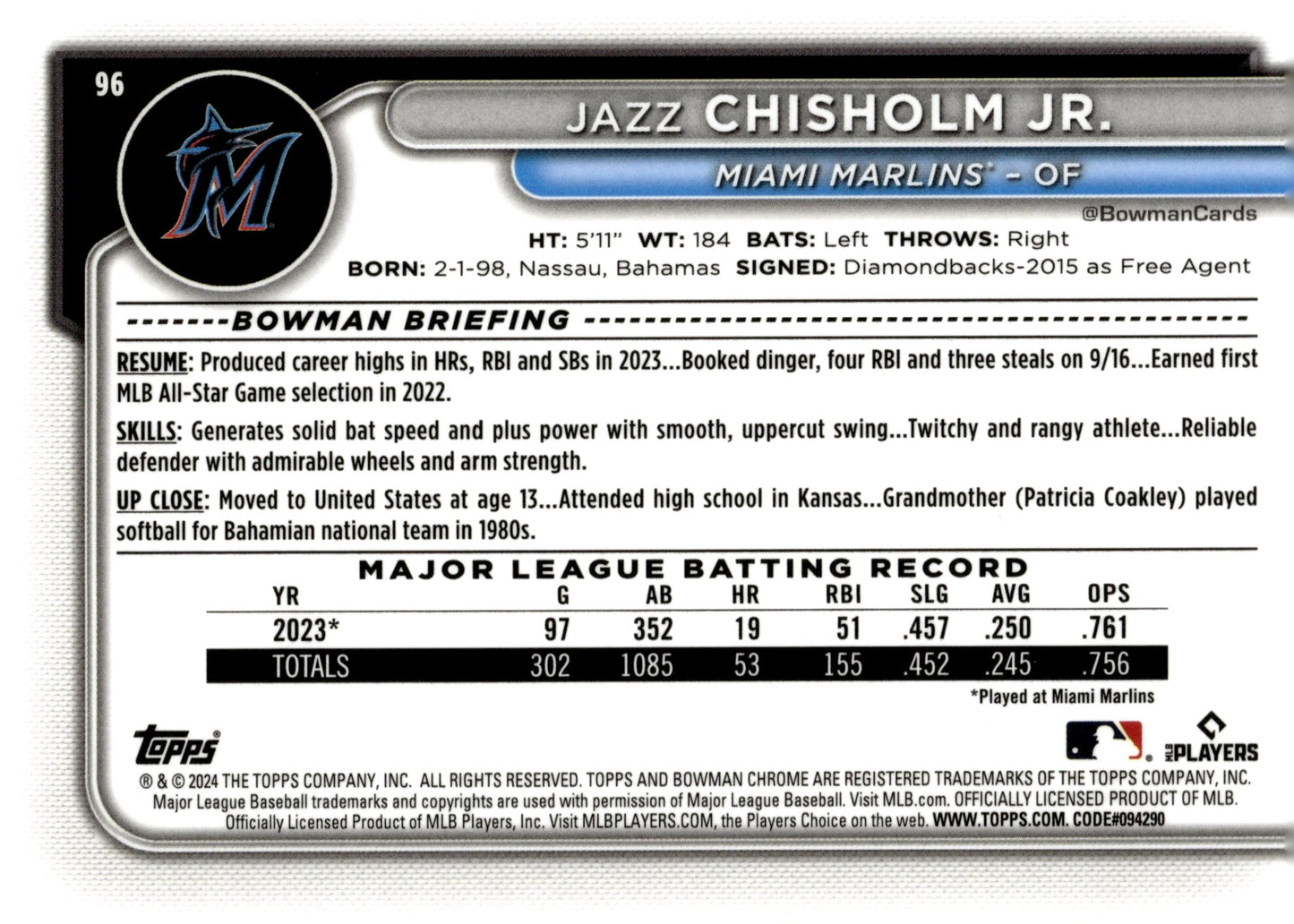 Jazz Chisholm Jr. 2024 Bowman Chrome Mojo Refractor #96 - Collector Store LLC