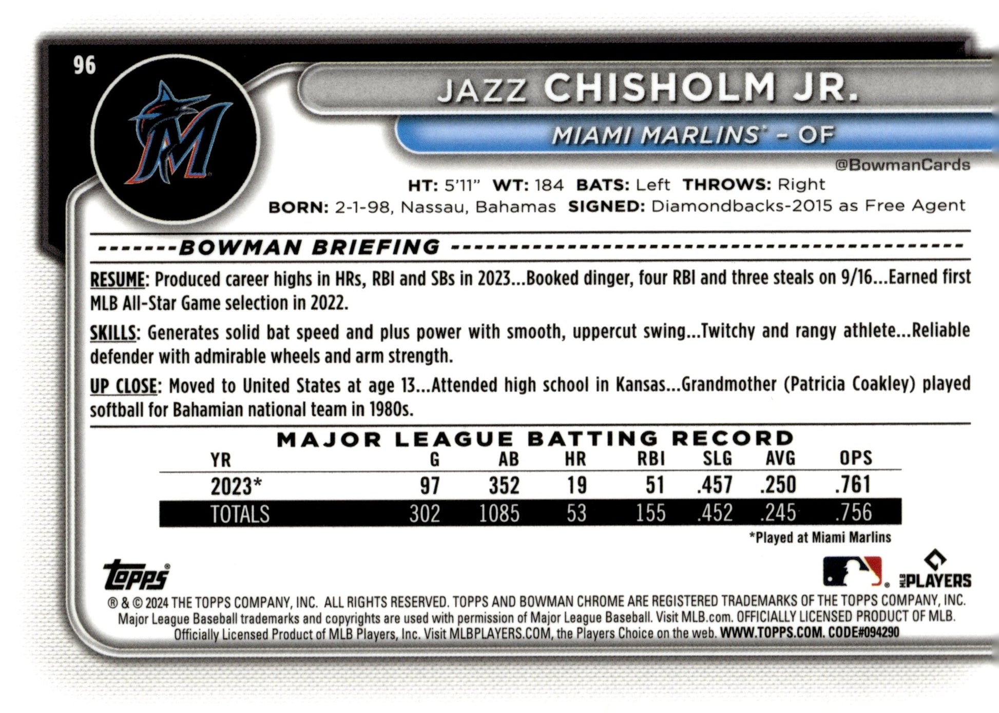 Jazz Chisholm Jr. 2024 Bowman Chrome Mojo Refractor #96 - Collector Store LLC