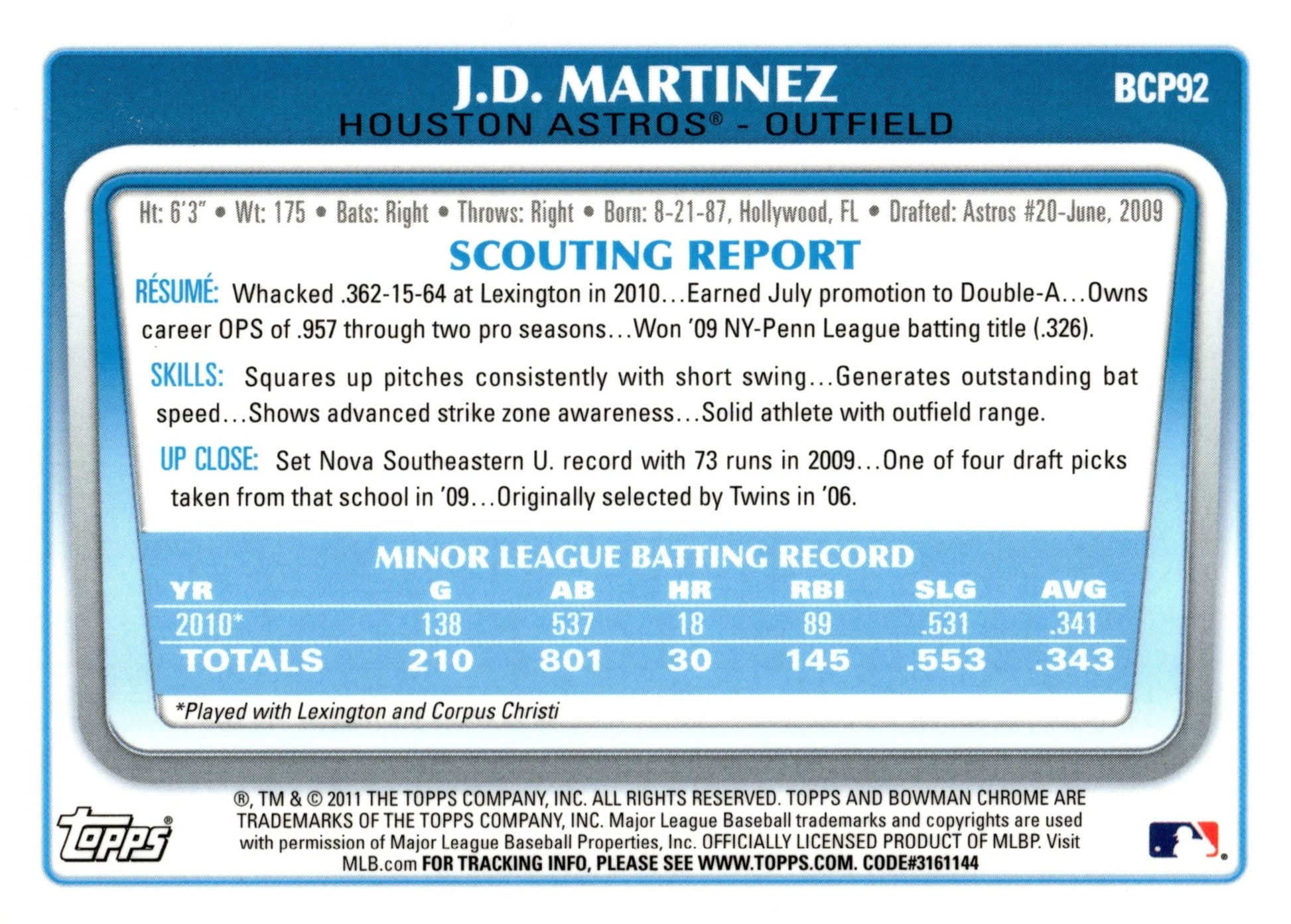 JD Martinez 2011 Bowman Chrome #BCP92 #2 - Collector Store LLC