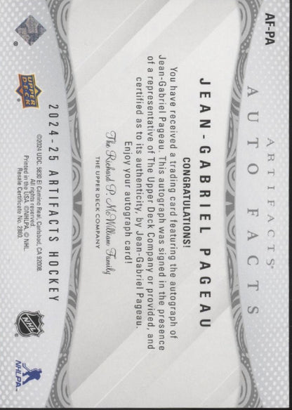 Jean - Gabriel Pageau 2024 - 25 Upper Deck Artifacts Auto Facts Auto AF - PA - Collector Store LLC