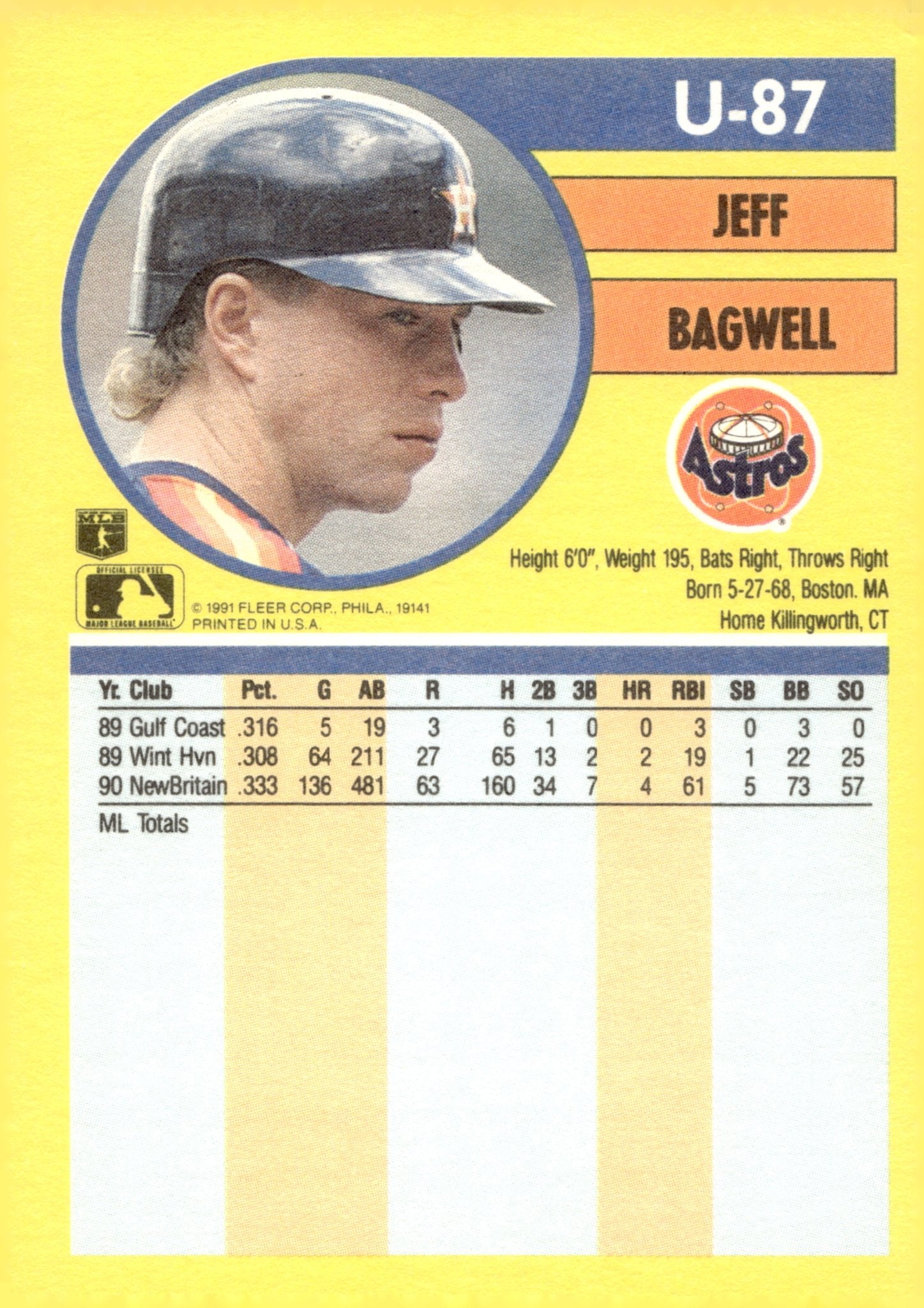 Jeff Bagwell 1991 Fleer Update RC #U - 87 - Collector Store LLC