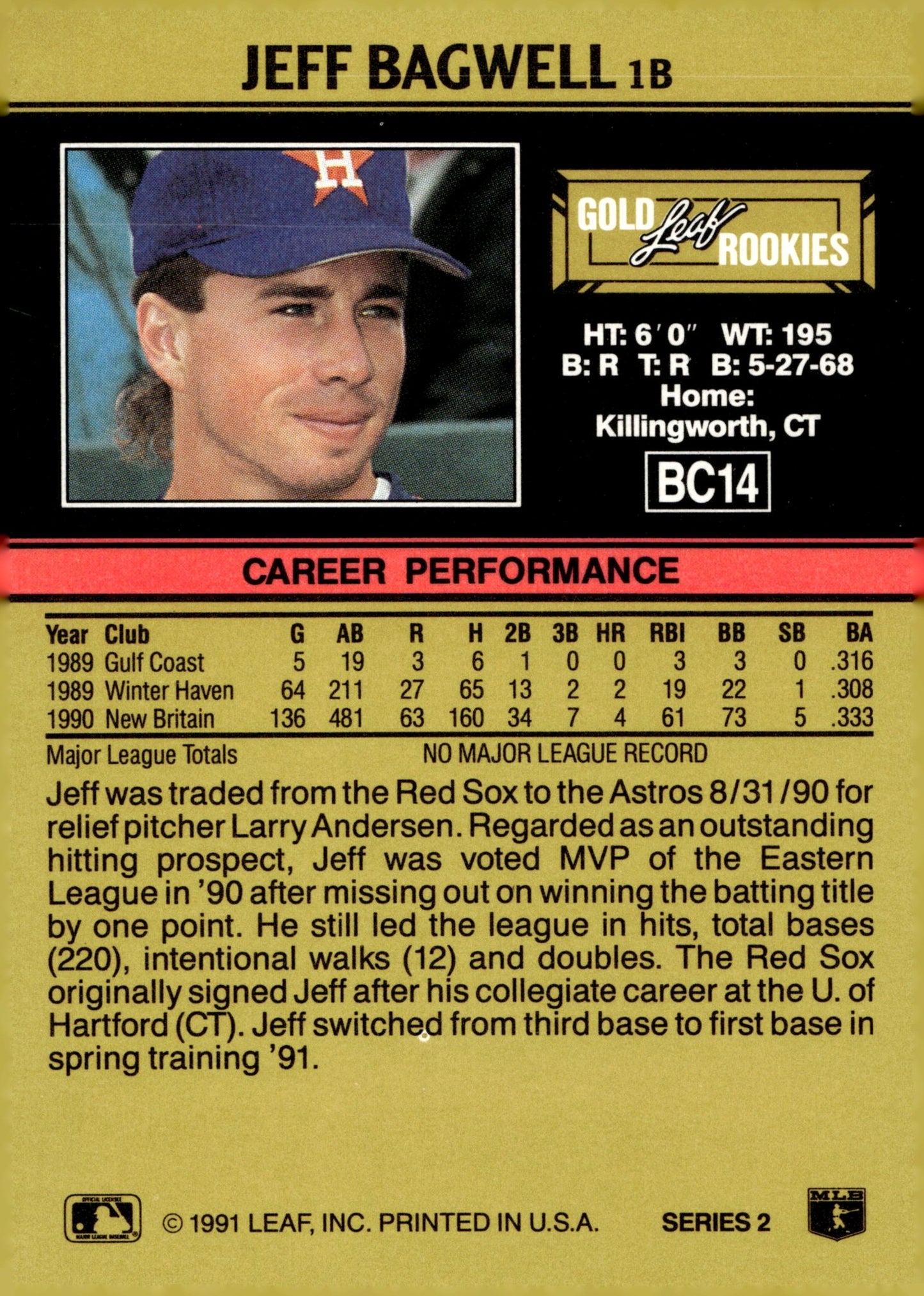 Jeff Bagwell 1991 Leaf Gold Rookies RC #BC14 - Collector Store LLC