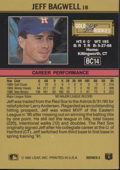 Jeff Bagwell 1991 Leaf Series 2 Gold Rookies #BC - 14 - Collector Store LLC