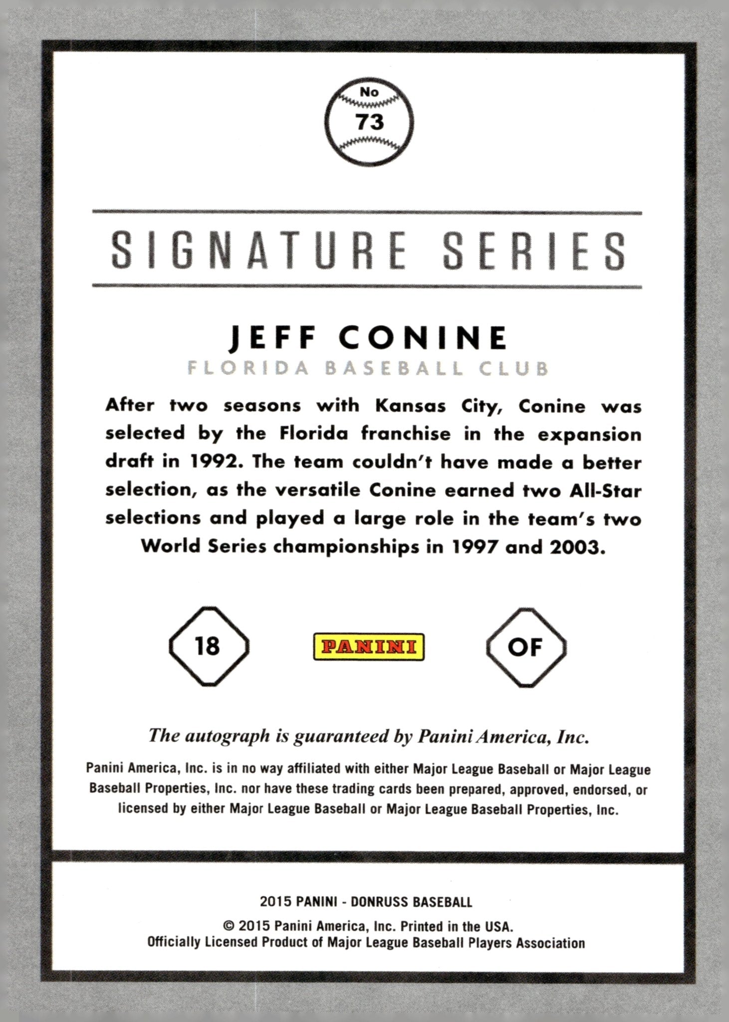 Jeff Conine 2015 Panini Donruss Signature Series Auto #73 - Collector Store LLC