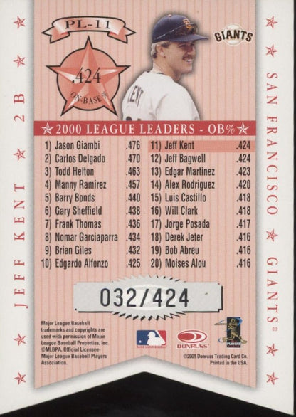 Jeff Kent 2001 Donruss Production Line Die - Cut 032/424 #PL - 11 - Collector Store LLC