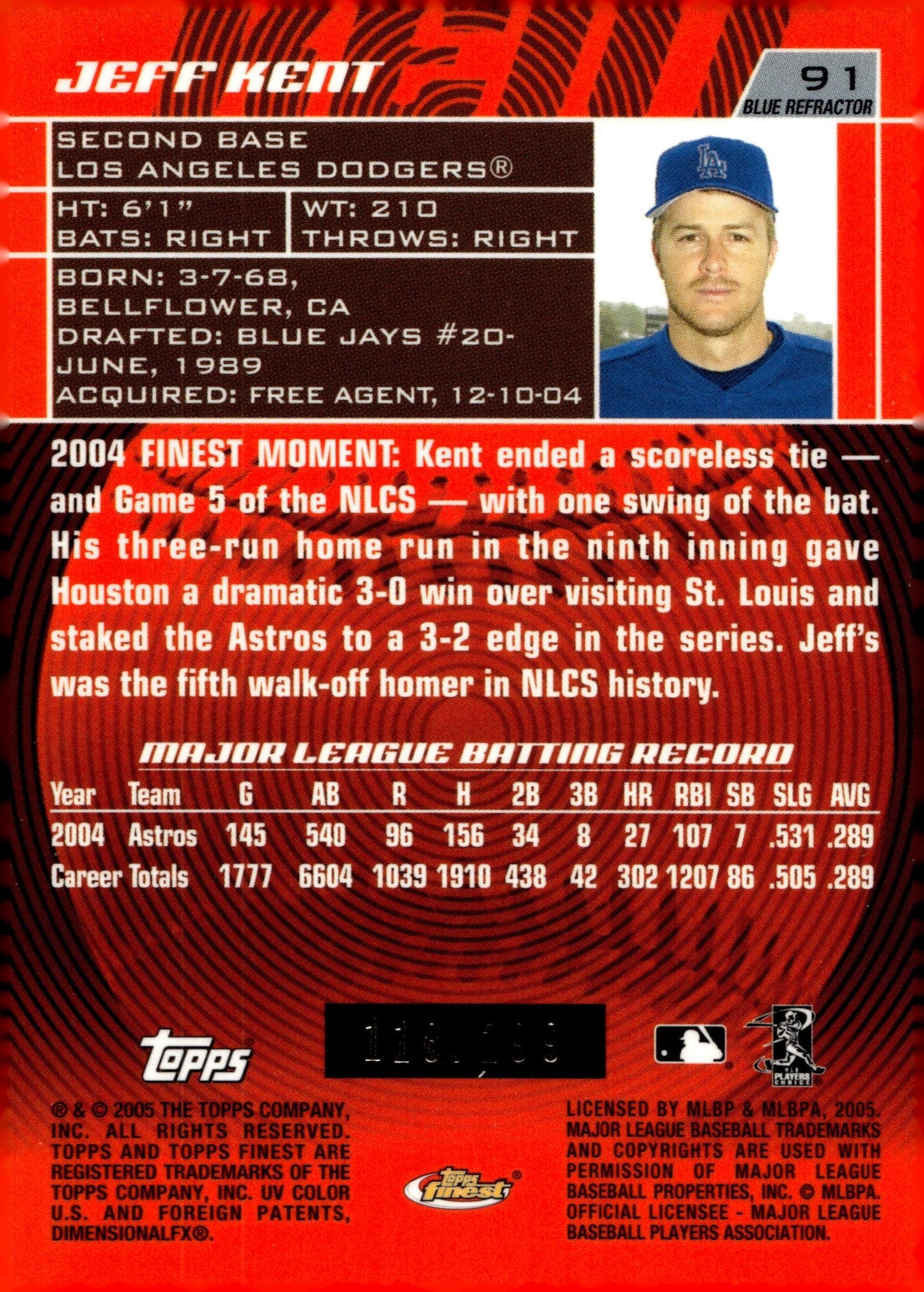 Jeff Kent 2005 Topps Finest Blue Refractor 118/299 91 - Collector Store LLC