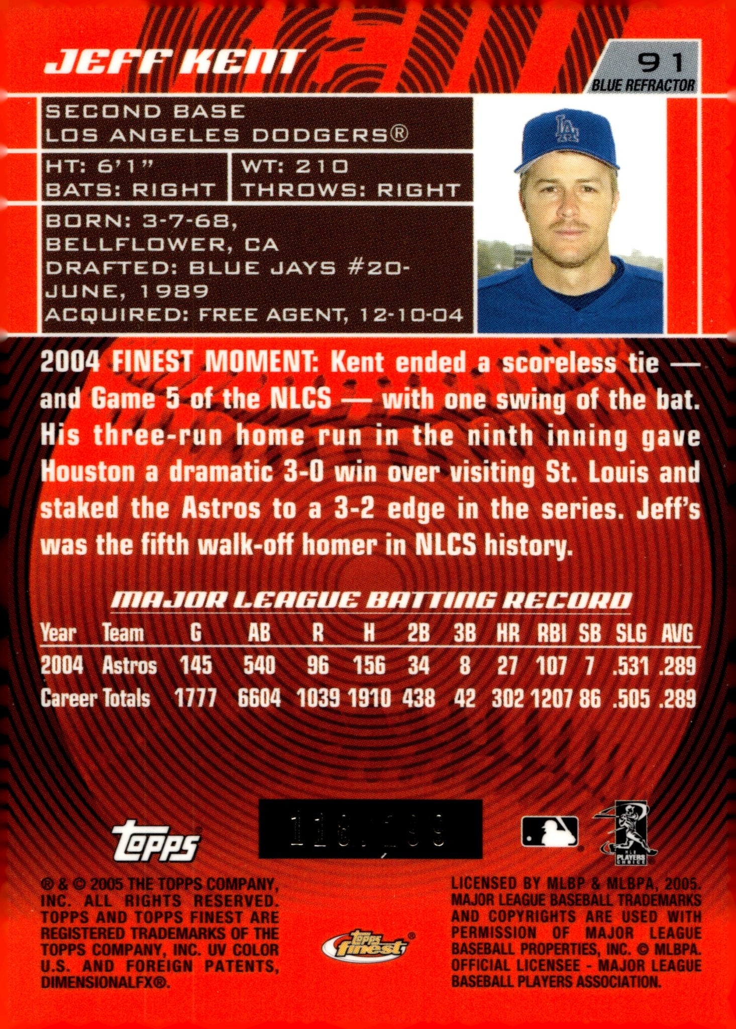 Jeff Kent 2005 Topps Finest Blue Refractor 118/299 91 - Collector Store LLC