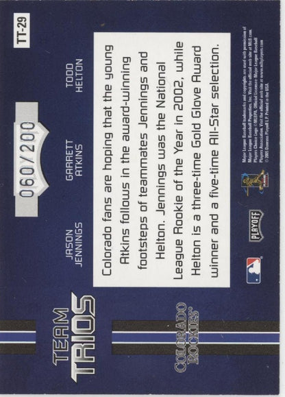 Jennings / Atkins / Helton 2005 Playoff Absolute Memorabilia Team Trios 060/200 - Collector Store LLC