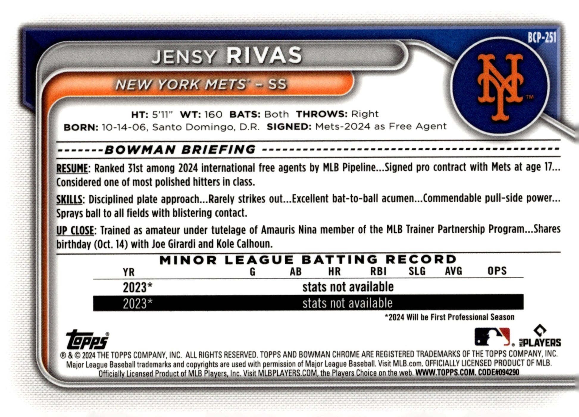 Jensy Rivas 2024 Bowman Chrome Mojo Refractor BCP - 251 3 - Collector Store LLC