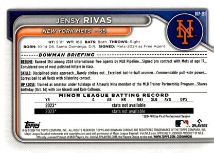 Jensy Rivas 2024 Bowman Chrome Mojo Refractor BCP - 251 3 - Collector Store LLC