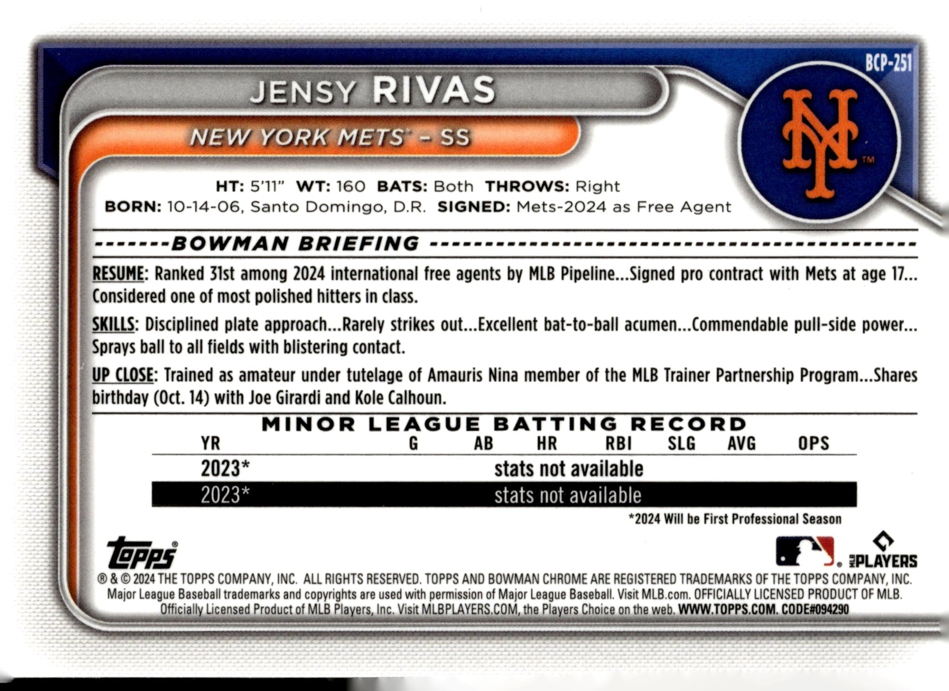 Jensy Rivas 2024 Bowman Chrome Mojo Refractor BCP - 251 4 - Collector Store LLC