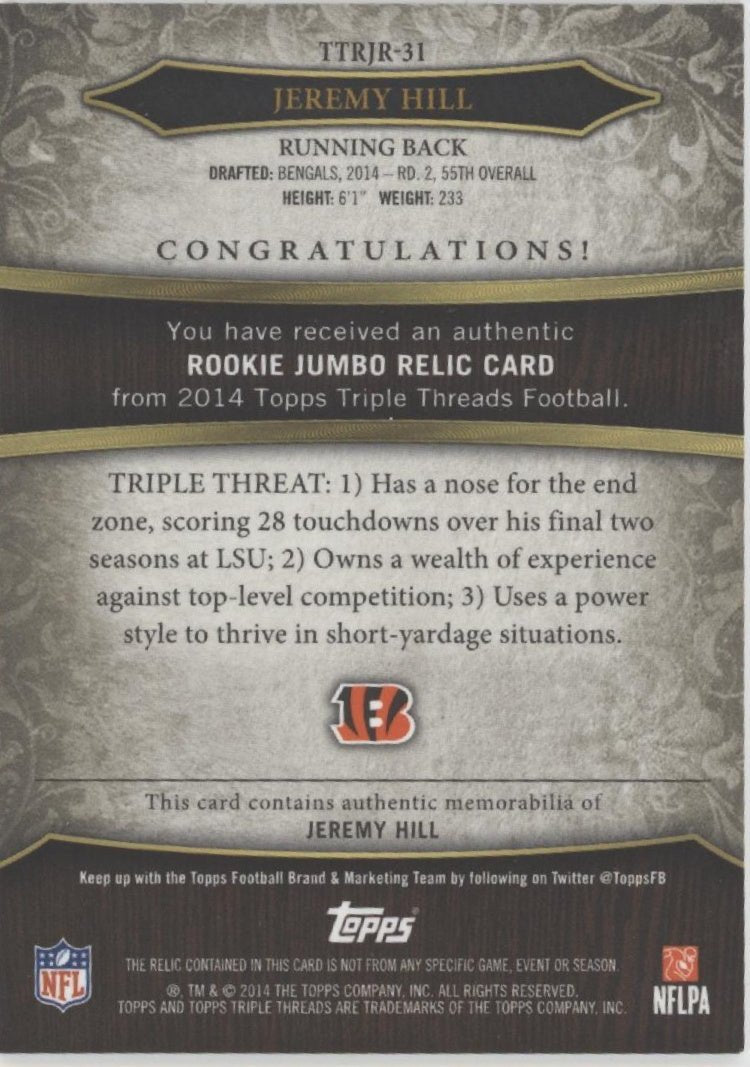 Jeremy Hill 2014 Topps Triple Threads Swatch RC 16/50 #TTRJR - 31 - Collector Store LLC