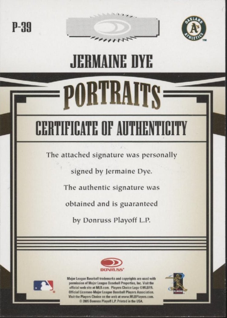 Jermaine Dye 2005 Donruss Prime Patches Portraits Auto #P - 39 - Collector Store LLC