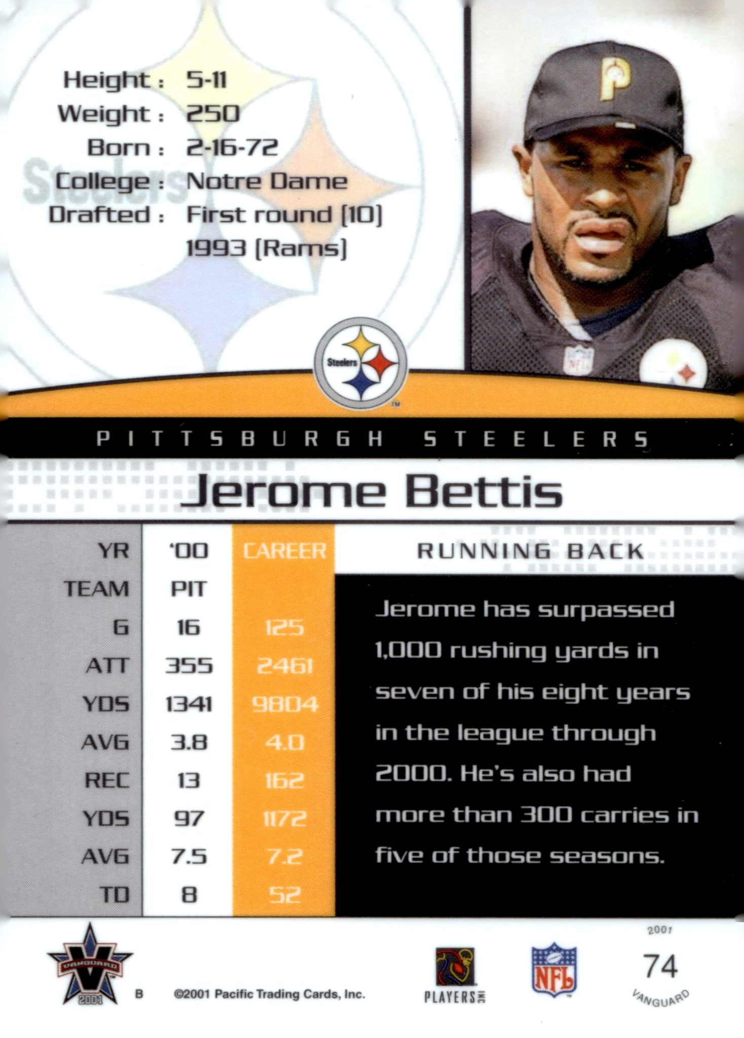Jerome Bettis 2001 Pacific Vanguard 156/299 - Collector Store LLC