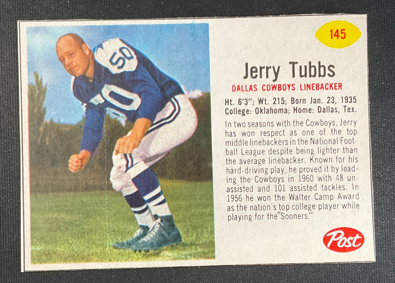 Jerry Tubbs 1962 Post Cereal Handcut #145 Dallas Cowboys EX - Collector Store LLC