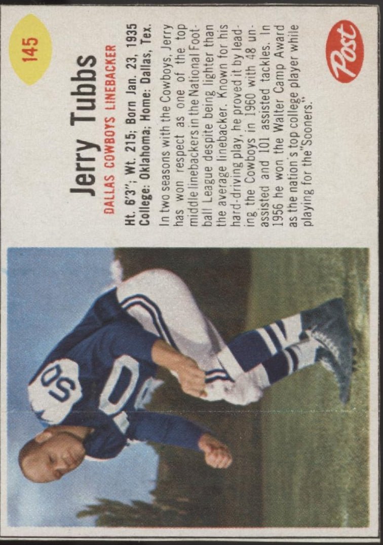 Jerry Tubbs 1962 Post Cereal Handcut #145 Dallas Cowboys EX - Collector Store LLC