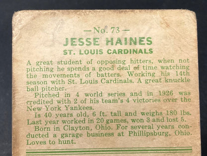 Jesse Haines 1933 Goudey #73 St. Louis Cardinals GD - Collector Store LLC