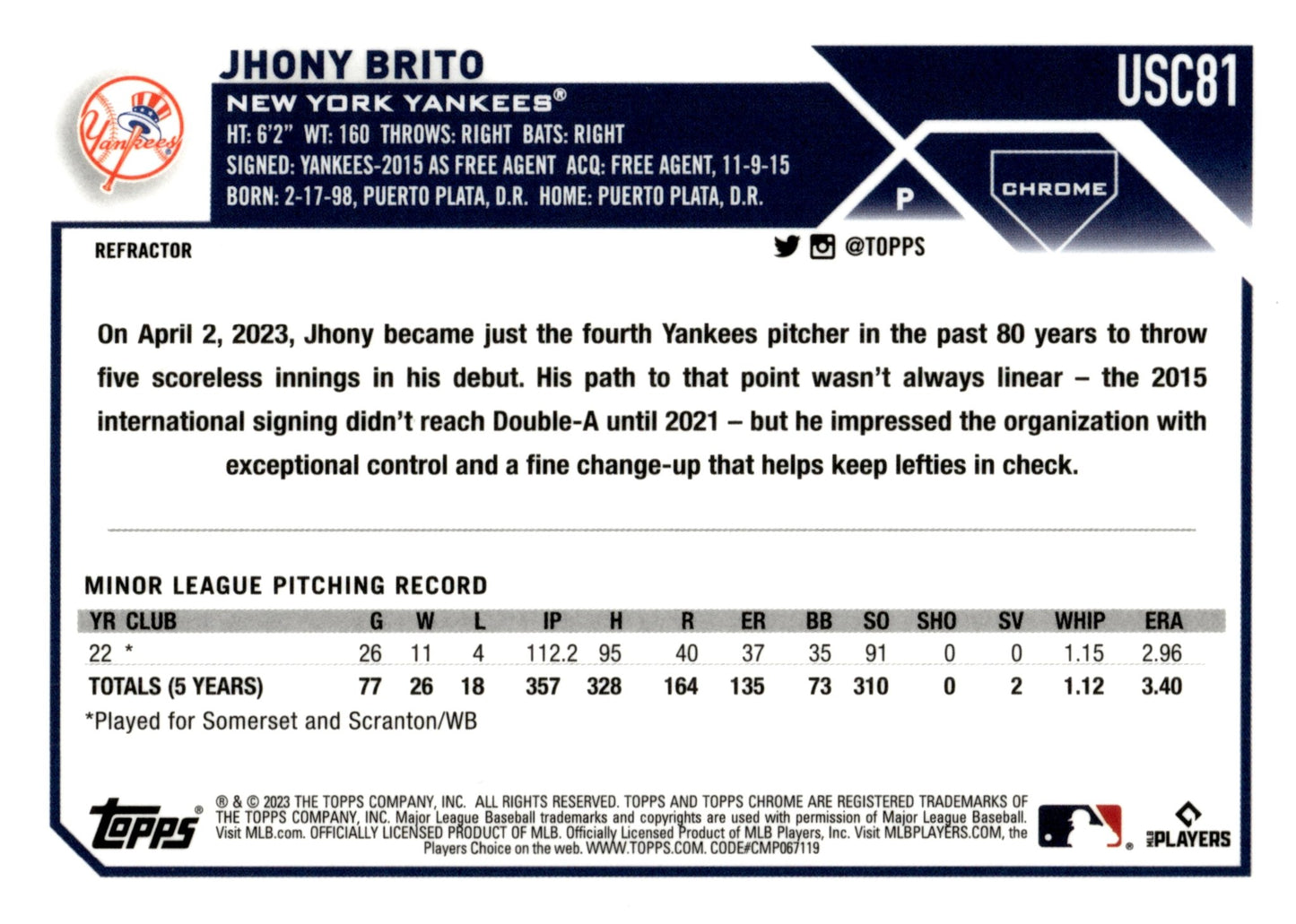 Jhony Brito 2023 Topps Chrome Refractor RC USC81 - Collector Store LLC
