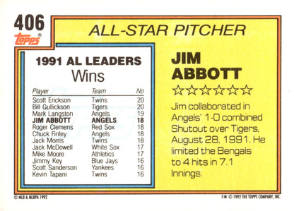 Jim Abbott 1992 Topps All Star #406 - Collector Store LLC