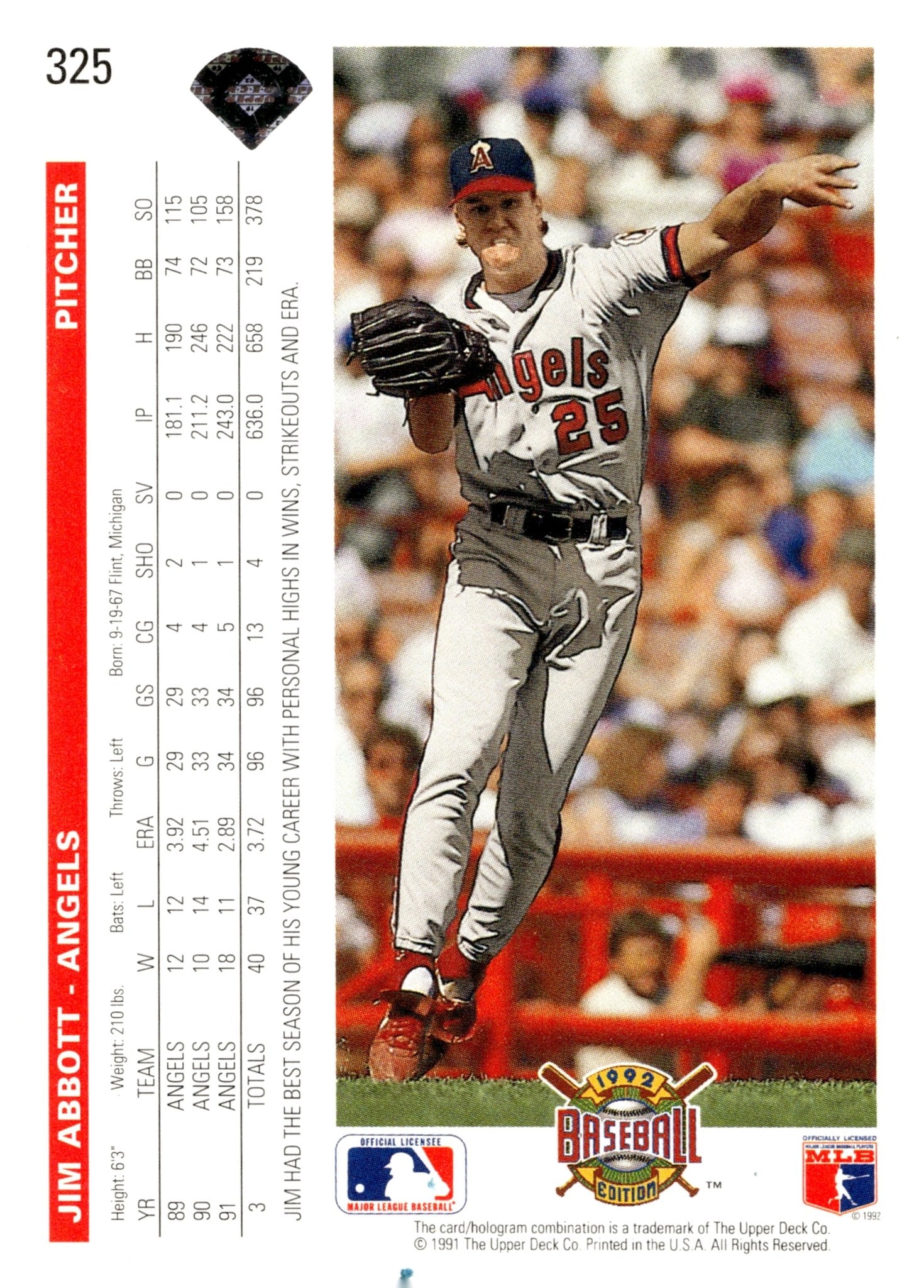 Jim Abbott 1992 Upper Deck #325 - Collector Store LLC