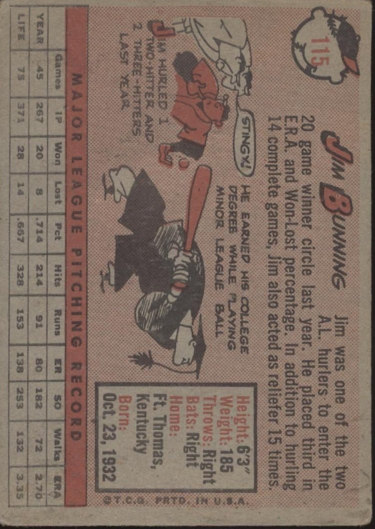 Jim Bunning 1958 Topps #115 Detroit Tigers GD - Collector Store LLC