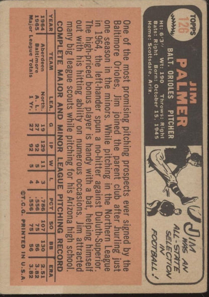 Jim Palmer 1966 Topps RC #126 Baltimore Orioles GD - Collector Store LLC