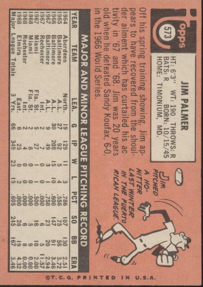 Jim Palmer 1969 Topps #573 Baltimore Orioles VG - EX - Collector Store LLC