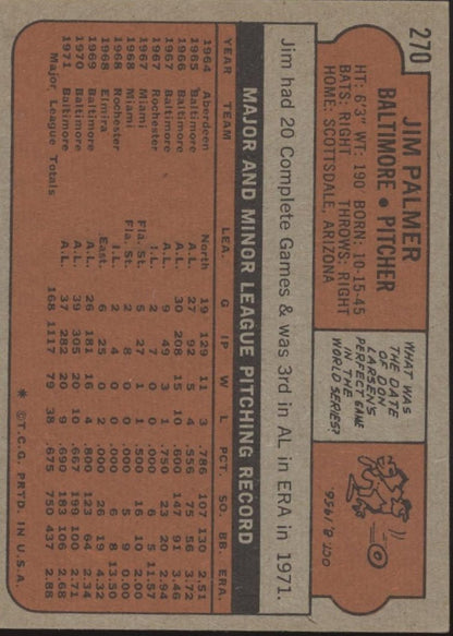 Jim Palmer 1972 Topps #270 Baltimore Orioles EX - Collector Store LLC