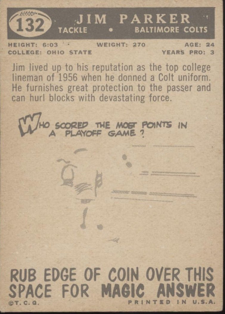 Jim Parker 1959 Topps RC #132 Baltimore Colts VG - Collector Store LLC