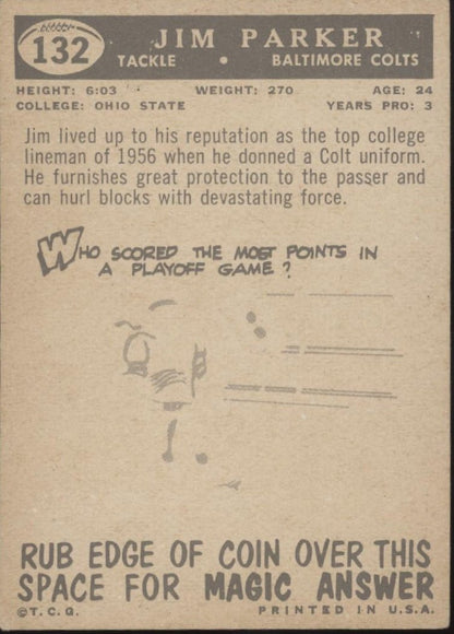 Jim Parker 1959 Topps RC #132 Baltimore Colts VG - Collector Store LLC