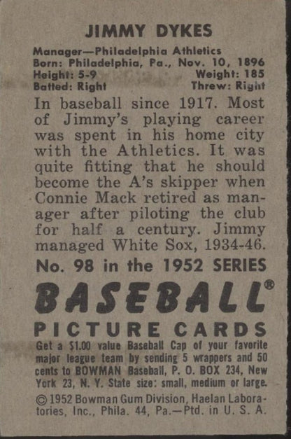 Jimmy Dykes 1952 Bowman 98 Philadelphia Athletics VG - Collector Store LLC