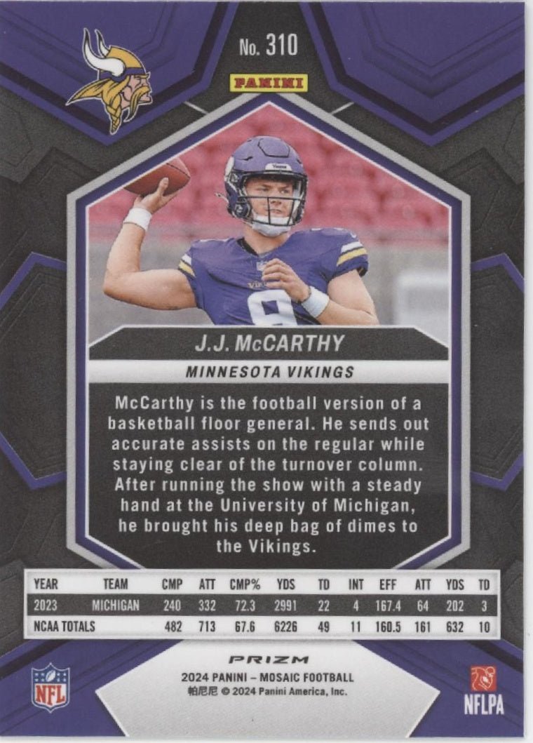 JJ McCarthy 2024 Panini Mosaic Genesis Prizm RC #310 - Collector Store LLC