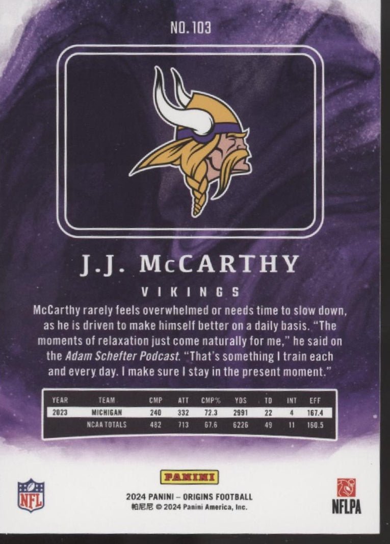 JJ McCarthy 2024 Panini Origins RC #103 - Collector Store LLC