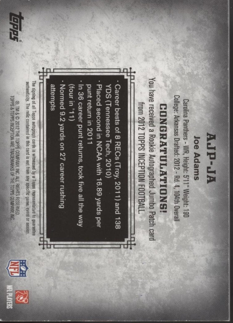 Joe Adams 2012 Topps Inception Swatch RC Auto #AJP - JA - Collector Store LLC