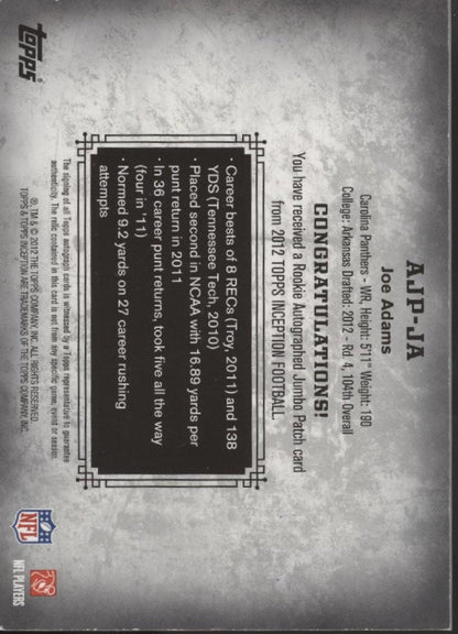Joe Adams 2012 Topps Inception Swatch RC Auto #AJP - JA - Collector Store LLC