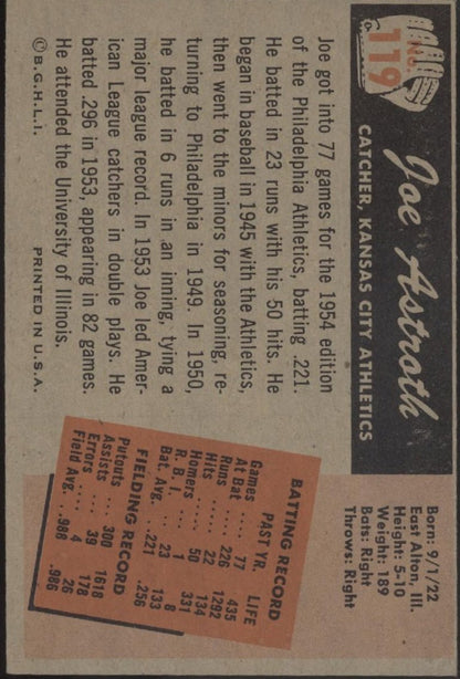 Joe Astroth 1955 Bowman #119 Kansas City Athletics VG - EX - Collector Store LLC