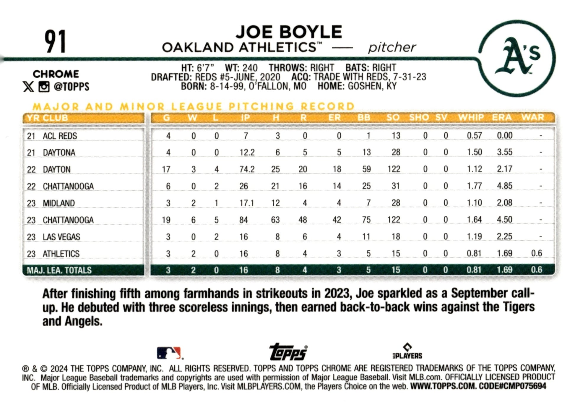 Joe Boyle 2024 Topps Chrome Sepia Refractor RC 91 - Collector Store LLC