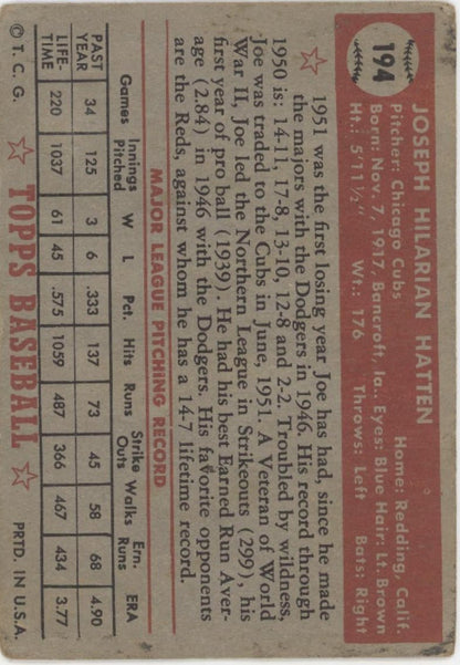 Joe Hatten 1952 Topps #194 Chicago Cubs VG - Collector Store LLC