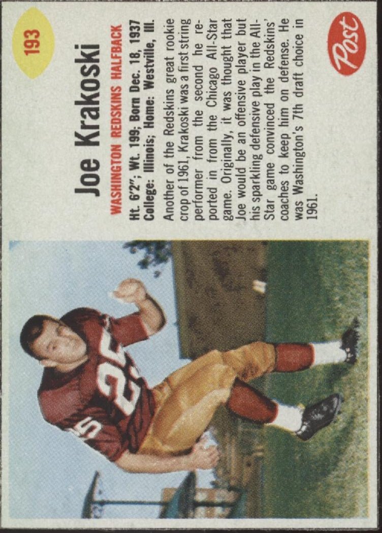 Joe Krakoski 1962 Post Cereal Handcut #193 Washington Redskins EX - Collector Store LLC