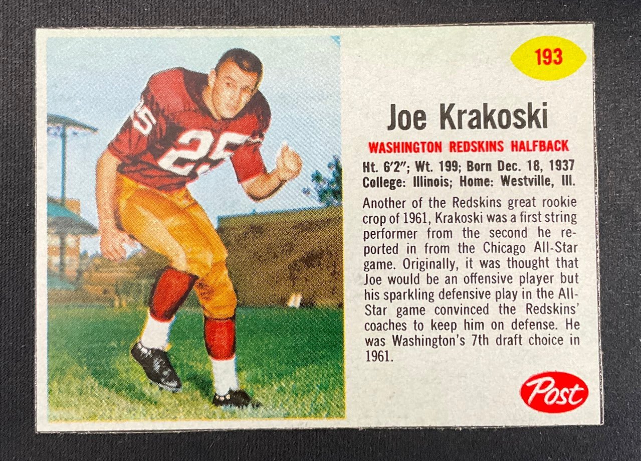 Joe Krakoski 1962 Post Cereal Handcut #193 Washington Redskins EX - Collector Store LLC