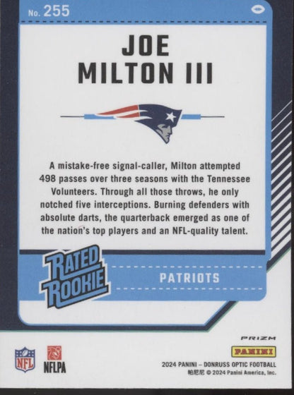 Joe Milton III 2024 Panini Donruss Optic Rated Rookie Pink Prizm RC #255 #1 - Collector Store LLC