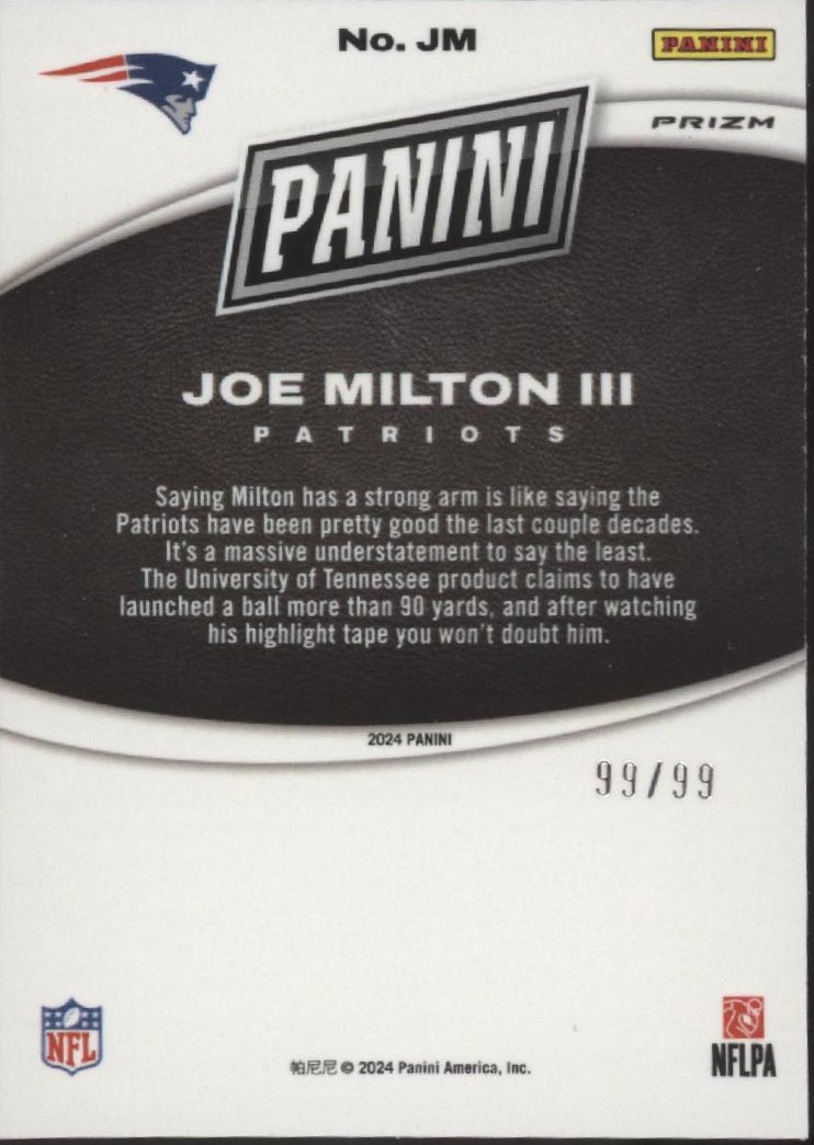 Joe Milton III 2024 Panini Father's Day Vinyl Prizm RC 99/99 #JM - Collector Store LLC