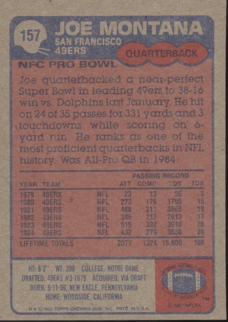 Joe Montana 1985 Topps #157 San Francisco 49ers #2 - Collector Store LLC